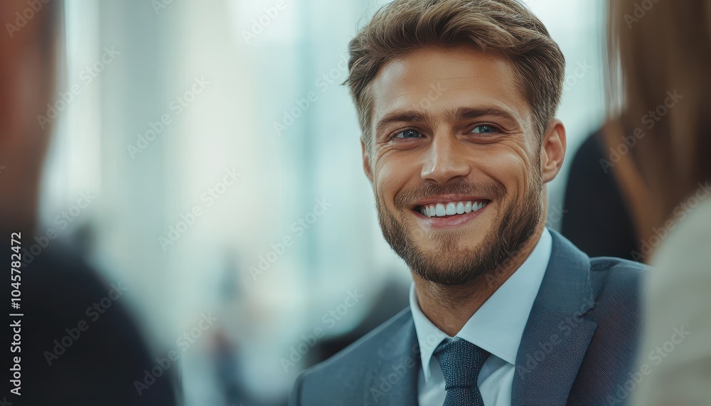Successful young professional smiling during a business meeting in a modern office Successful young professional smiling during a business meeting in a modern office