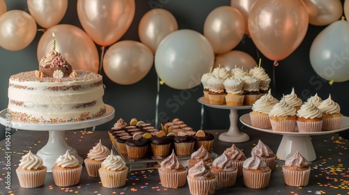 Elegant Dessert Table with Cake and Cupcakes at a Celebration Party photo