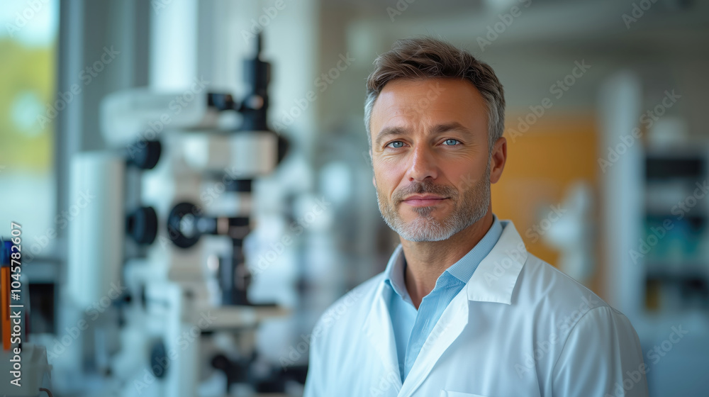 Confident scientist in a modern laboratory setting Confident scientist in a modern laboratory setting