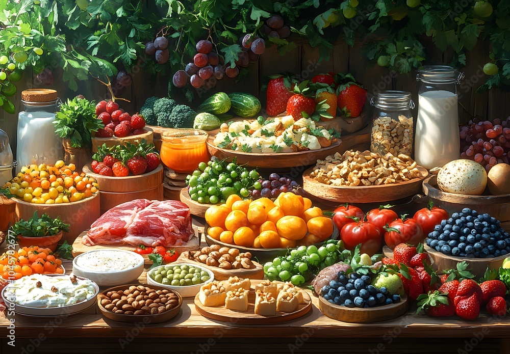 A colorful display of fresh produce, including various fruits, vegetables, nuts, and dairy items, arranged on a wooden table with lush greenery in the background. A colorful display of fresh produce, including various fruits, vegetables, nuts, and dairy items, arranged on a wooden table with lush greenery in the background.