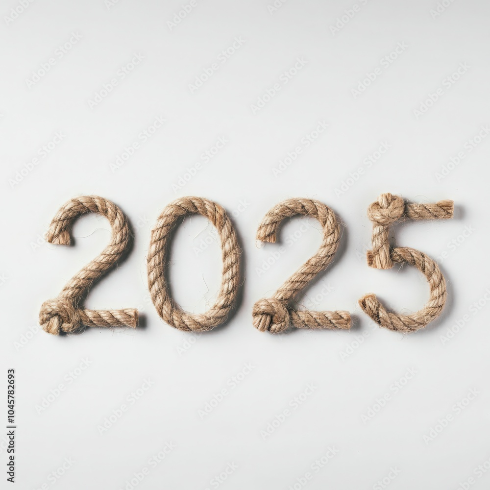 2025 number designed from rope, perfect for rustic-themed branding, creative typography, and celebration designs on a clean white background. 2025 number designed from rope, perfect for rustic-themed branding, creative typography, and celebration designs on a clean white background.