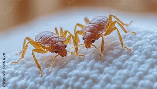 Close-up view of two orange bugs crawling on textured white fabric photo