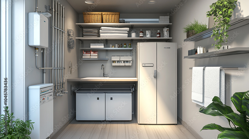A small utility room with shelves, A small utility room with shelves,