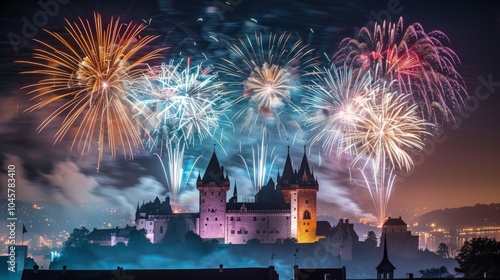 Majestic Fireworks Exploding Over Illuminated Castle at Night photo