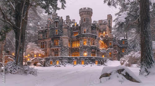 Majestic Snow-Covered Castle Illuminated in a Winter Wonderland photo