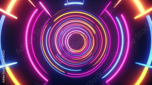 A vibrant neon circle pattern radiating outward, with colorful lines and shapes creating a mesmerizing optical illusion effect