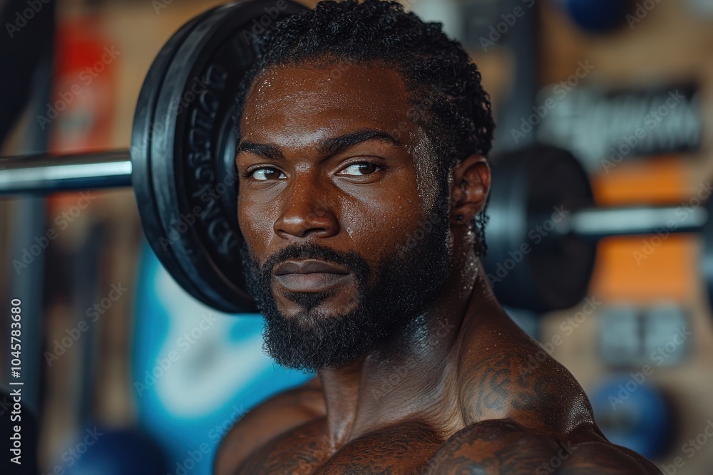 A muscular man with a focused expression stands in a gym, showcasing strength training. A muscular man with a focused expression stands in a gym, showcasing strength training.