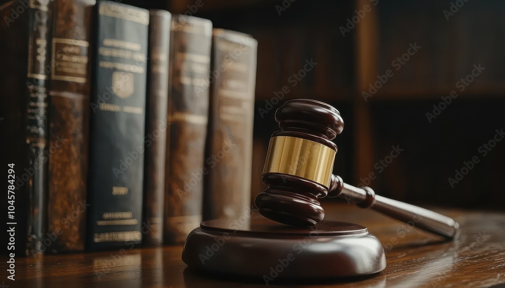 Judge's gavel resting on a wooden desk with law books in a courtroom setting Judge's gavel resting on a wooden desk with law books in a courtroom setting