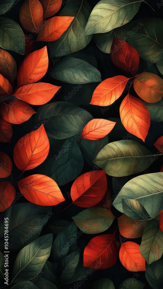 Digital art wallpaper featuring a vibrant arrangement of red and green leaves Digital art wallpaper featuring a vibrant arrangement of red and green leaves