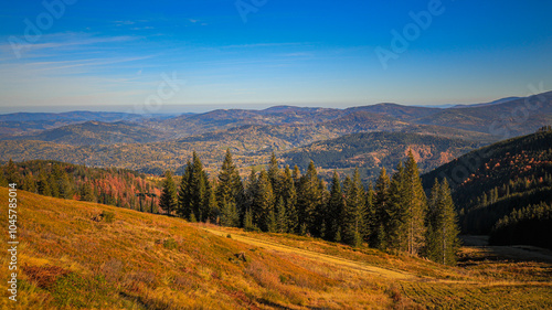 The trail to the Pilsko mountain from the Glinne pass. The season of autumn, called the 