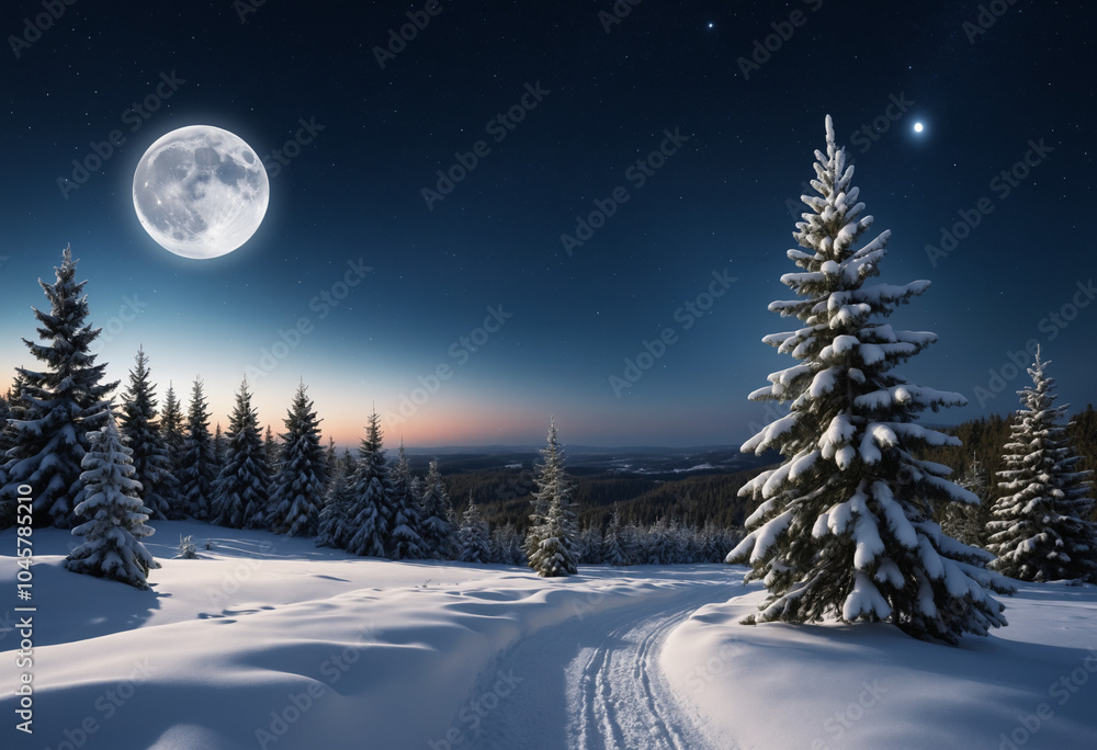 snowy landscape at dusk, snowy spruce forest, illuminated horizon, large full moon illuminating the landscape snowy landscape at dusk, snowy spruce forest, illuminated horizon, large full moon illuminating the landscape