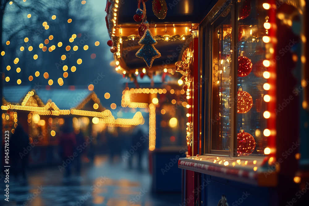 Fototapeta premium A magical evening at a nostalgic holiday market adorned with glowing lights