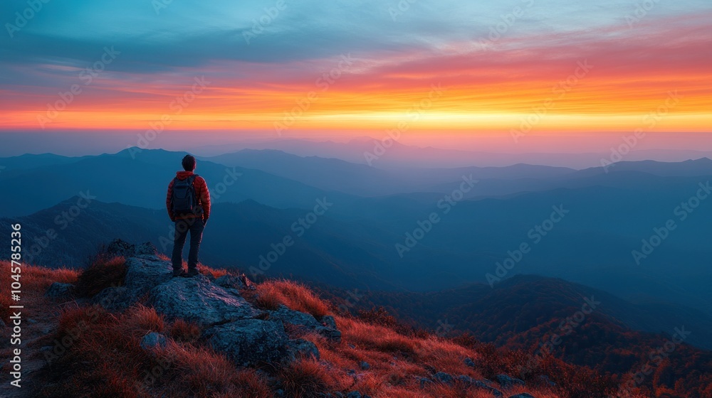 A person stands on a rocky outcrop, gazing at a vibrant sunset over mountain ranges. A person stands on a rocky outcrop, gazing at a vibrant sunset over mountain ranges.