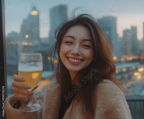 Chinese Woman or man smiling against a city skyline, raising a glass of drink in honor of Single Day photo