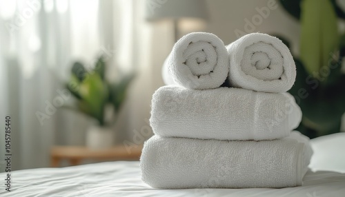 Elegant towels stacked neatly on a hotel room bed with decorative plants