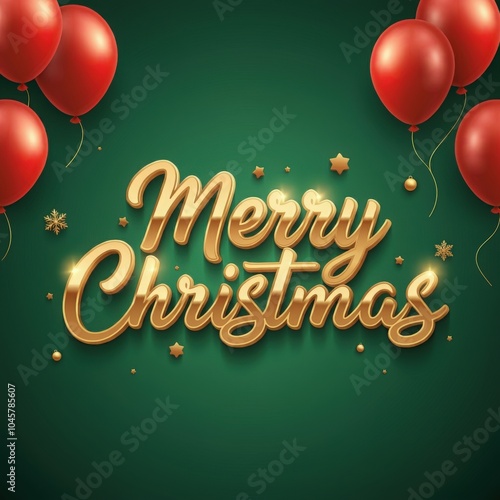 Merry Christmas in golden 3d typography on green background with red balloons, perfect for holiday greeting cards, Christmas event posters, and festive celebration designs. photo