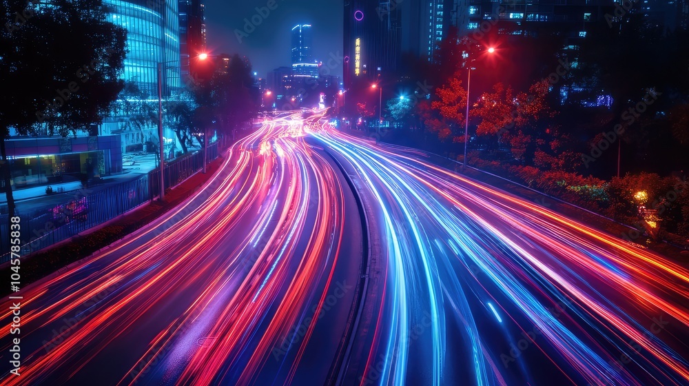 An artistic shot of neon light trails from moving cars on a busy street, capturing the dynamic energy of nightlife An artistic shot of neon light trails from moving cars on a busy street, capturing the dynamic energy of nightlife
