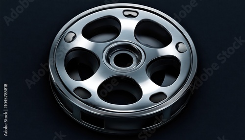 Detailed view of a polished metal wheel with a sleek design against a dark backdrop