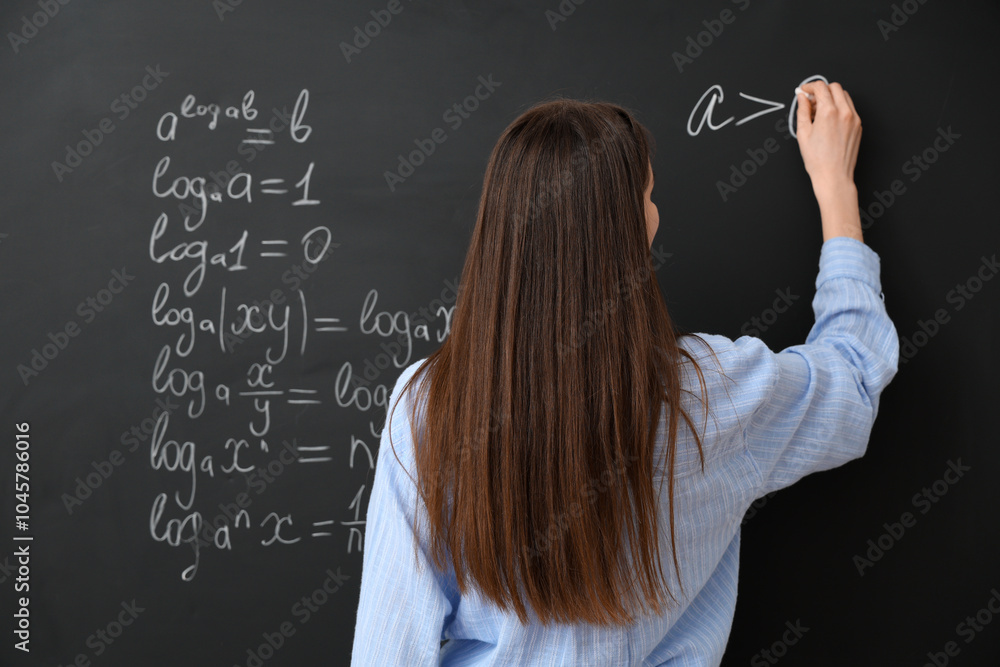 Young female math teacher in classroom, back view