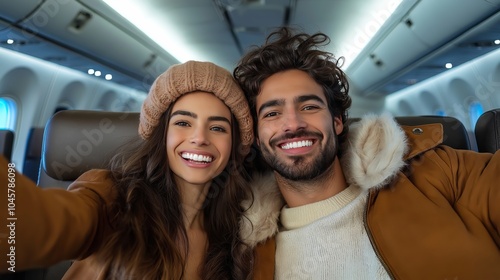 Happy tourist couple taking selfie inside airplane, travel and holidays concept.