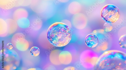 Colorful, iridescent bubbles floating against a dreamy pastel background with soft bokeh, creating a whimsical and magical atmosphere.