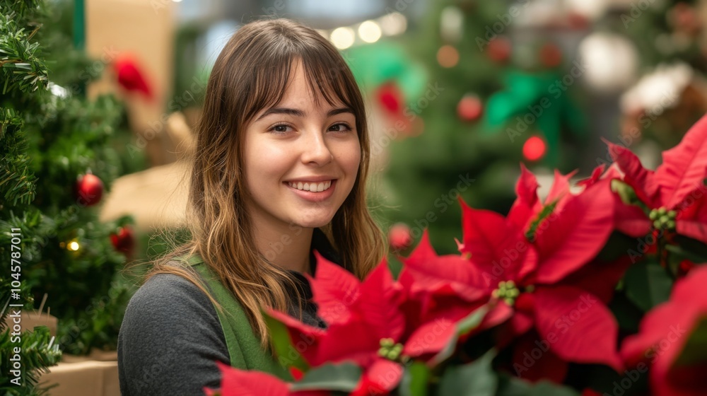 A young woman with a cheerful expression is surrounded by lush green Christmas trees and bright red poinsettias. The atmosphere is joyful and warm, capturing the essence of the holiday season. A young woman with a cheerful expression is surrounded by lush green Christmas trees and bright red poinsettias. The atmosphere is joyful and warm, capturing the essence of the holiday season.