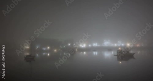 boats in the harbor during a foggy winter night