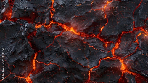 Molten lava flows through cracks in the Earth's crust, creating a fiery and dangerous spectacle.