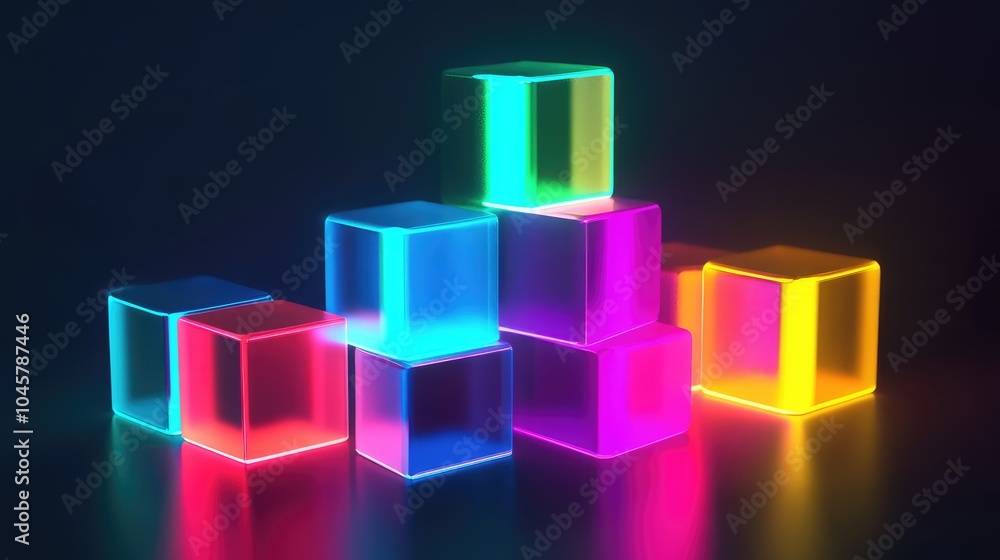 Neon cubes stacked in a geometric arrangement, casting colorful shadows and reflections in a dark, minimalistic setting Neon cubes stacked in a geometric arrangement, casting colorful shadows and reflections in a dark, minimalistic setting
