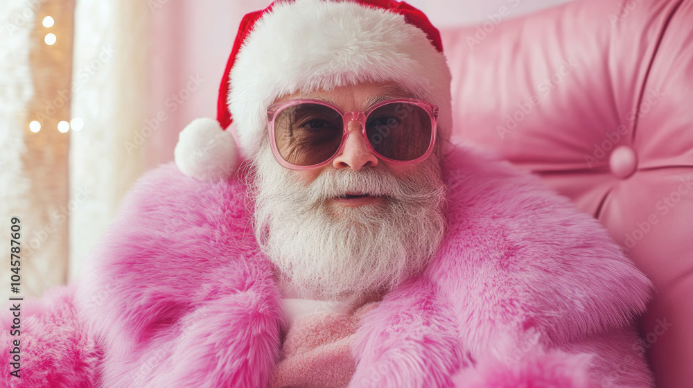 Obraz premium A stylish Santa Claus wearing a pink fur coat and pink sunglasses, exuding a fun, modern twist on the classic festive look, perfect for a whimsical holiday theme.