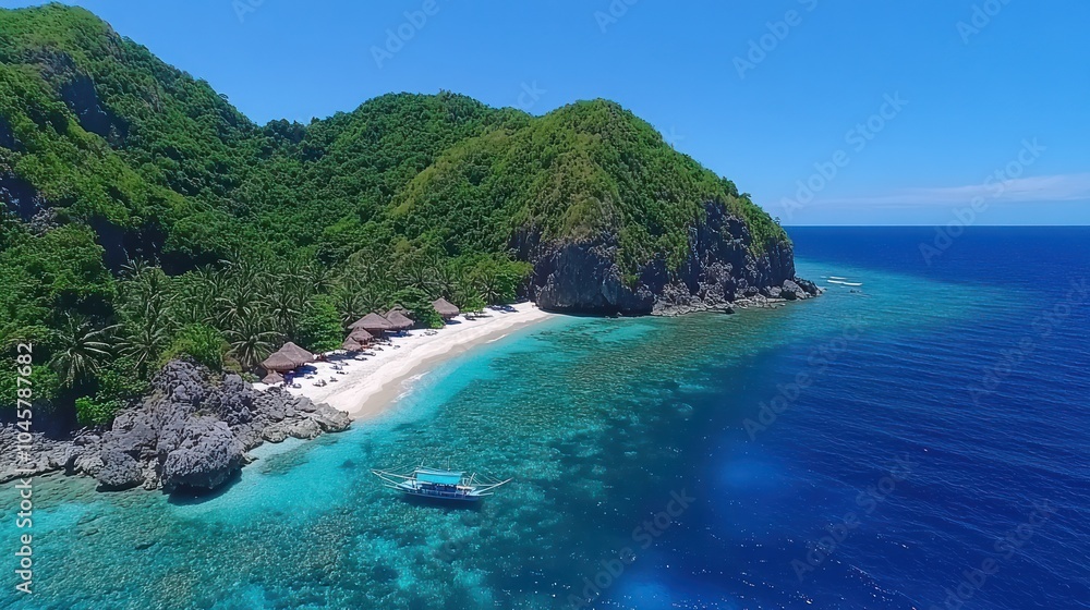 Aerial view of a secluded tropical beach with a boat anchored in crystal clear turquoise water. Aerial view of a secluded tropical beach with a boat anchored in crystal clear turquoise water.
