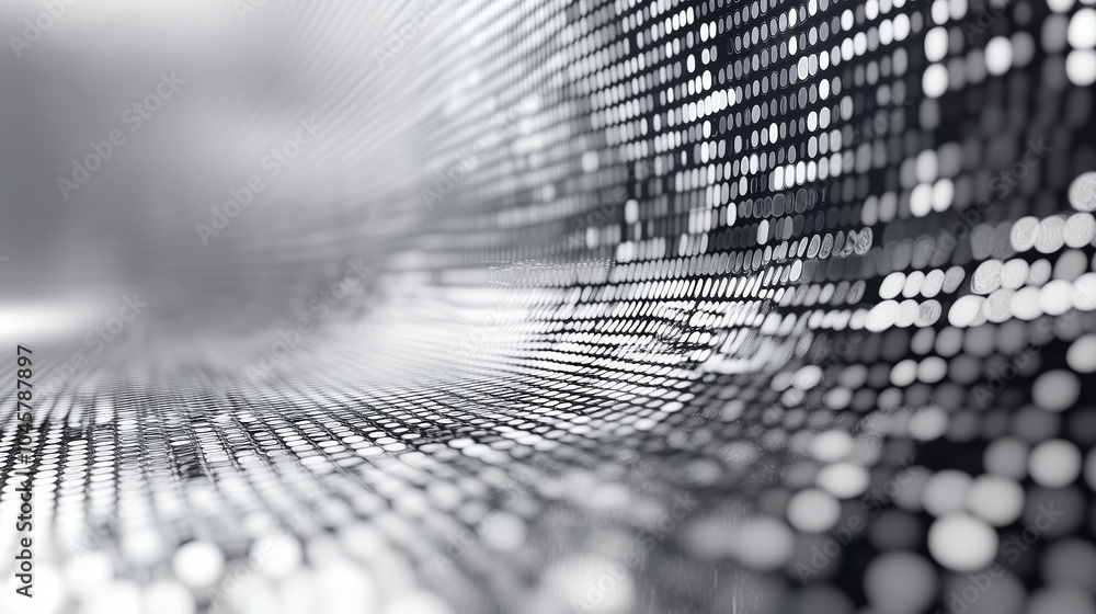 Abstract black and white digital wave with a pattern of dots creating a ...