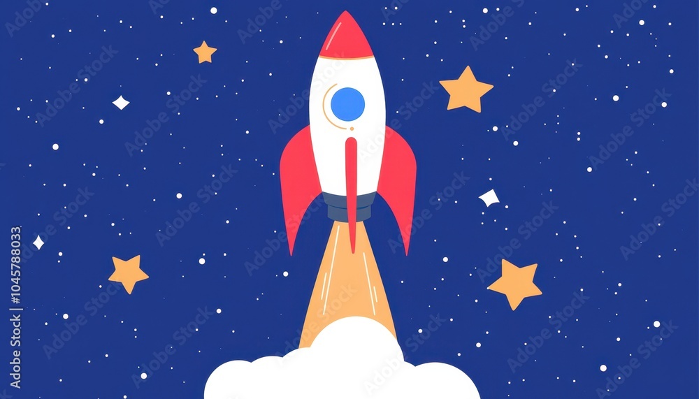 A colorful rocket launches into a starry sky with vibrant flames trailing behind A colorful rocket launches into a starry sky with vibrant flames trailing behind