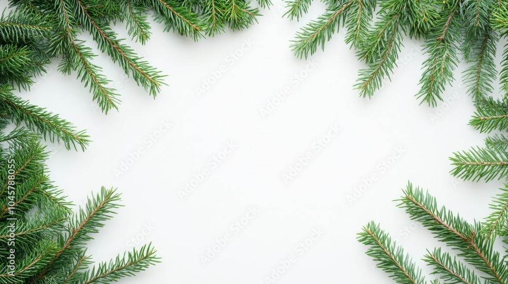 Obraz premium Green pine branches form a frame around a blank white background.
