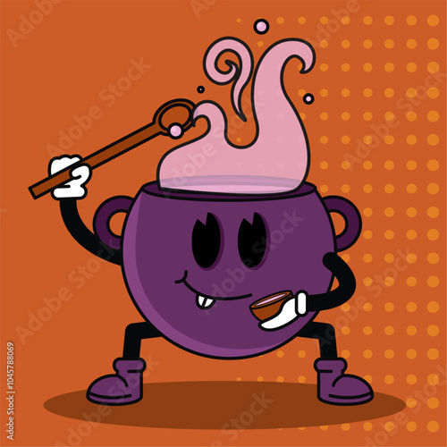 Purple cauldron cartoon character stirring a potion, Vector
