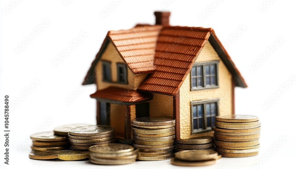 A small house model surrounded by stacks of coins on a white background A small house model surrounded by stacks of coins on a white background