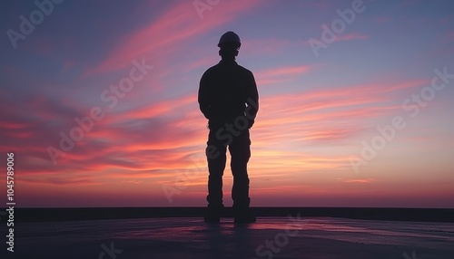 Worker standing on a rooftop at sunset, surrounded by vibrant colors and tranquility