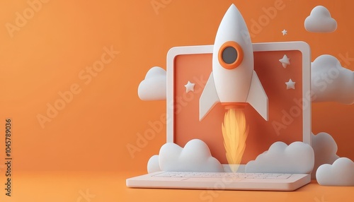 A creative rocket launching from a laptop screen with an orange background