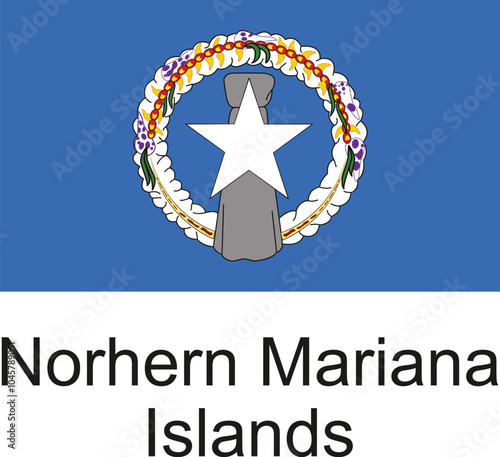 The flag of the Northern Mariana Islands features a blue background with a white five-pointed star in the center, encircled by a wreath of yellow, white, and purple flowers.