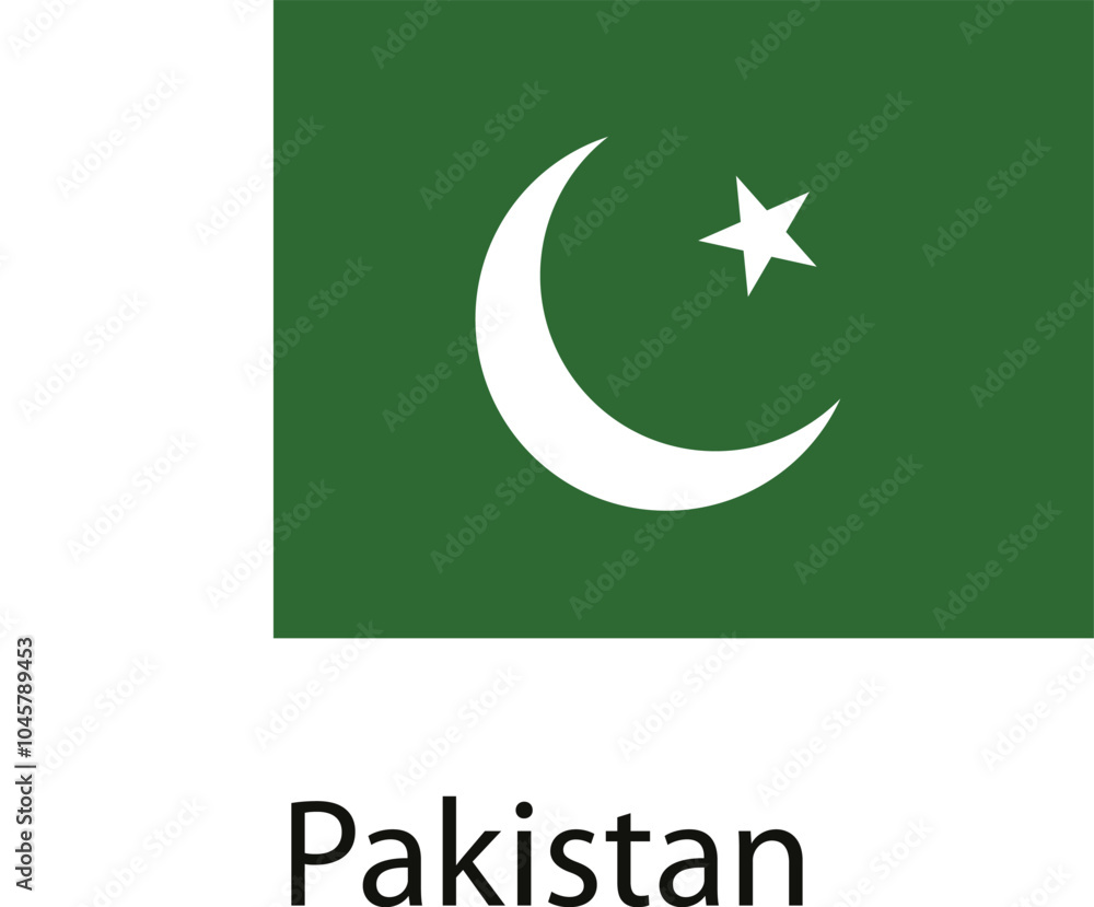 A simple design of a white crescent moon and a five-pointed star on a green background, representing the flag of Pakistan. A simple design of a white crescent moon and a five-pointed star on a green background, representing the flag of Pakistan.
