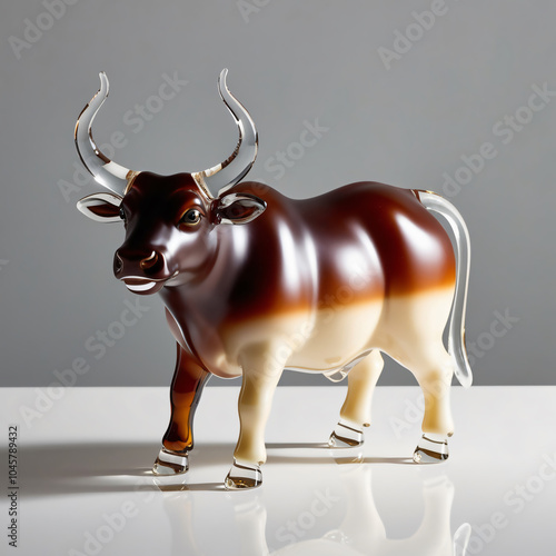 Realistic glass sculpture of a zebu with rich brown-cream gradient and translucent horns, featuring intricate details and polished finish, generative ai