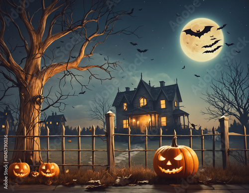 happy halloween with pumpkins and haunted house- ai generated photo