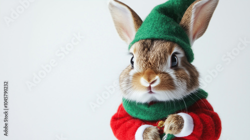 Adorable bunny dressed in festive red and green holiday clothing, looking charming and playful, perfect for Christmas-themed celebrations. photo