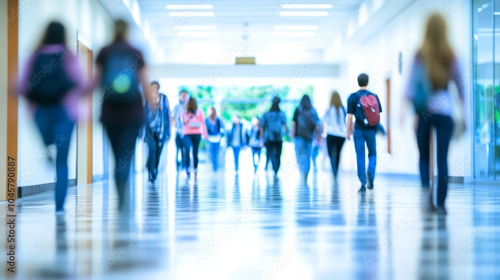 Gathering of university students in a bustling hallway, dynamic atmosphere, engaged conversations, diverse backgrounds, vibrant academic environment, youthful energy, blurred motion Gathering of university students in a bustling hallway, dynamic atmosphere, engaged conversations, diverse backgrounds, vibrant academic environment, youthful energy, blurred motion