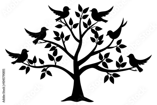 Birds on Tree in the Garden Silhouettes Vector Illustration photo