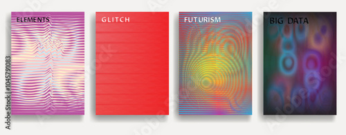 Glitch distorted geometric template brochures . Modern art design . Noise destroyed glitched flyer . Trendy brochure with vector lines . Glitched flyer. Hologram effects . set of vector templates