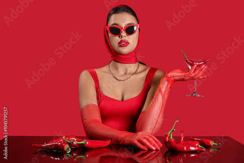 Sexy young woman in red out...