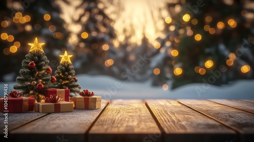 Merry christmas and new year holidays background. Blurred bokeh background with light bulbs, snowflake and Christmas tree branches. Banner. High Quality Image