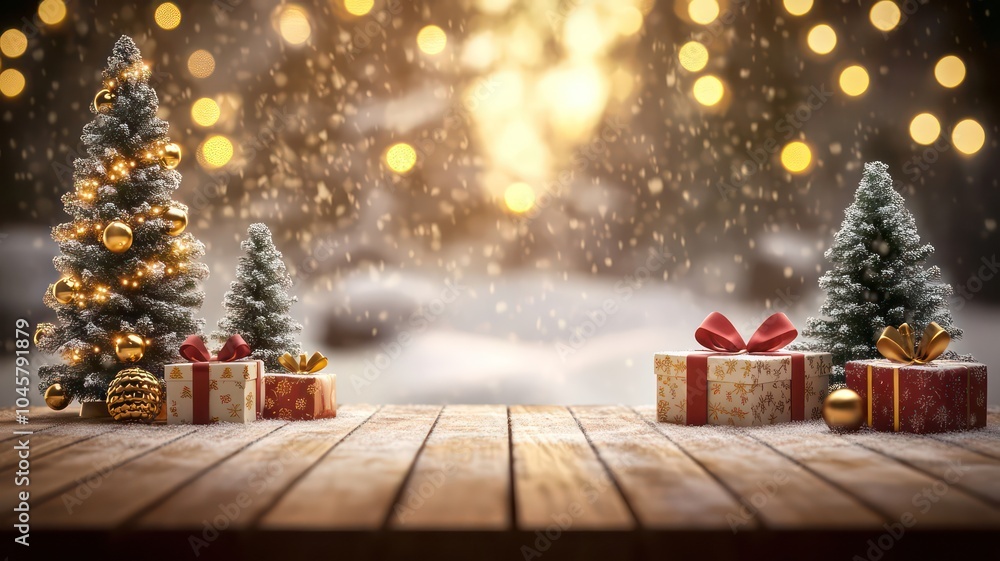 Merry christmas and new year holidays background. Blurred bokeh background with light bulbs, snowflake and Christmas tree branches. Banner. High Quality Image