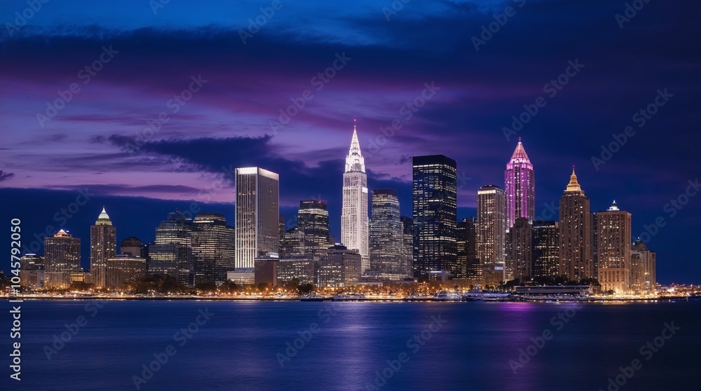 Obraz premium Stunning skyline of a city at dusk with illuminated buildings and vibrant colors over water